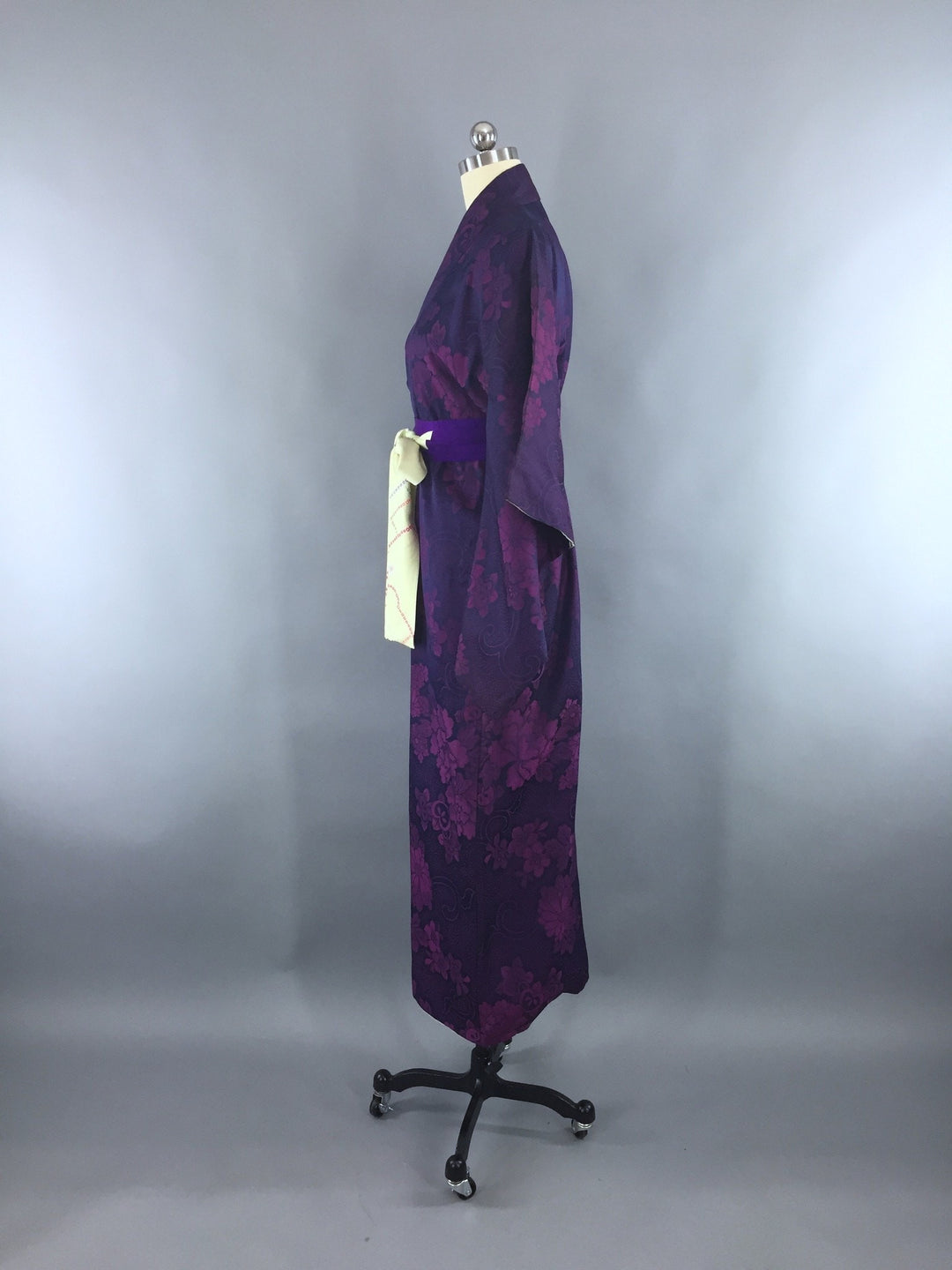 1940s Vintage Silk Kimono Robe with Omeshi Purple Magenta Floral Embroidery - ThisBlueBird