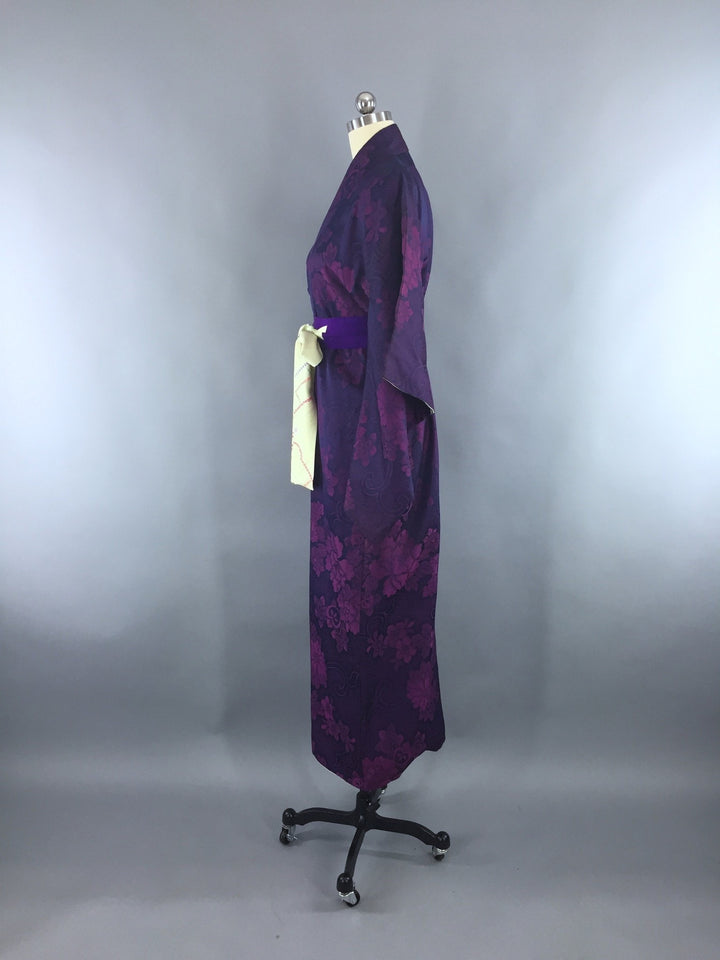 1940s Vintage Silk Kimono Robe with Omeshi Purple Magenta Floral Embroidery - ThisBlueBird