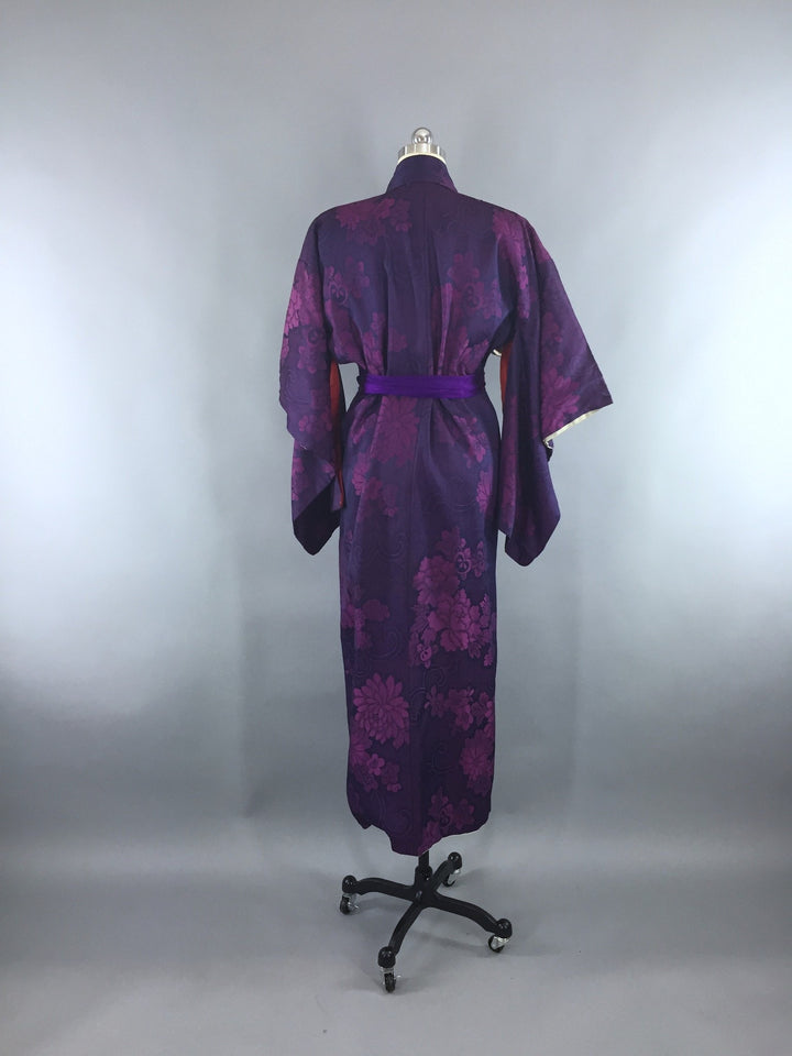 1940s Vintage Silk Kimono Robe with Omeshi Purple Magenta Floral Embroidery - ThisBlueBird