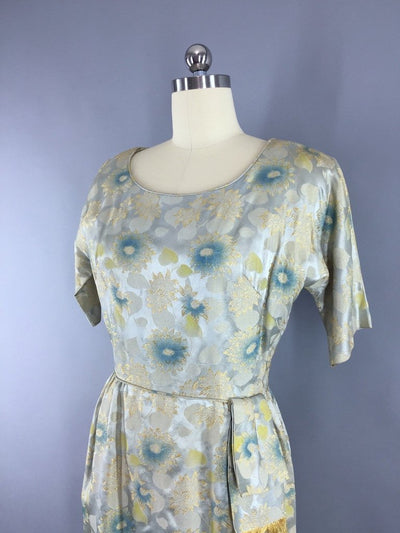 1950s Vintage Blue and Gold Satin Brocade Cocktail Dress - ThisBlueBird