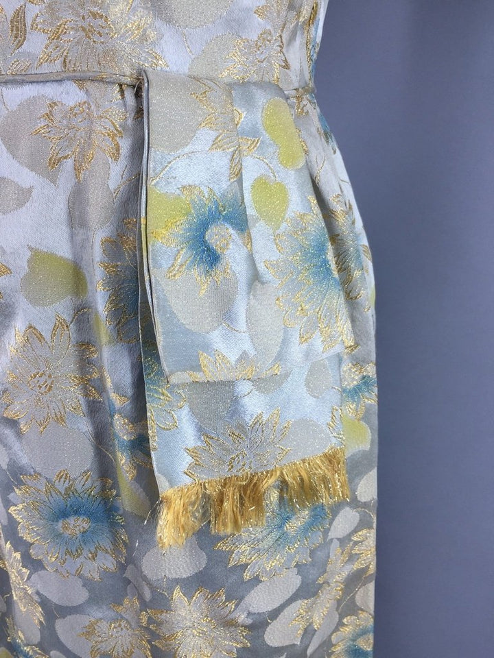 1950s Vintage Blue and Gold Satin Brocade Cocktail Dress - ThisBlueBird