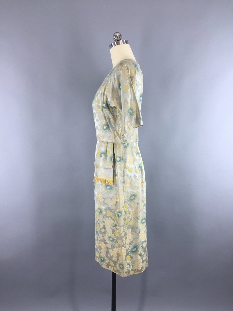 1950s Vintage Blue and Gold Satin Brocade Cocktail Dress - ThisBlueBird