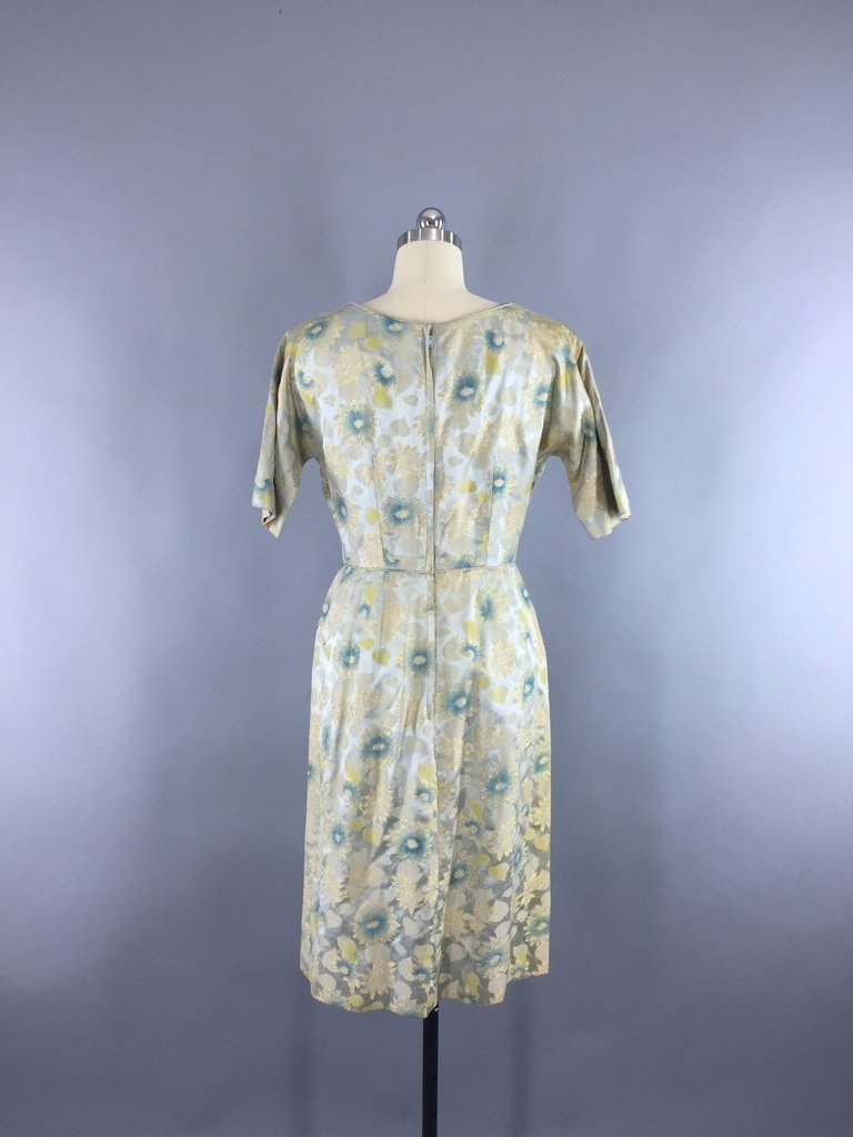1950s Vintage Blue and Gold Satin Brocade Cocktail Dress - ThisBlueBird