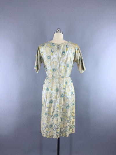 1950s Vintage Blue and Gold Satin Brocade Cocktail Dress - ThisBlueBird