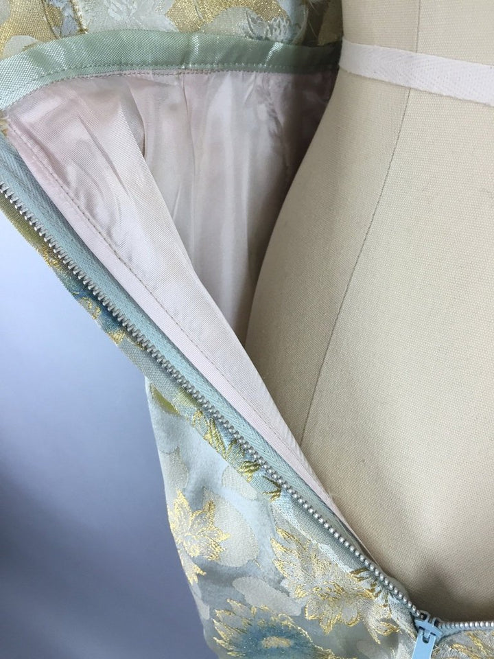 1950s Vintage Blue and Gold Satin Brocade Cocktail Dress - ThisBlueBird