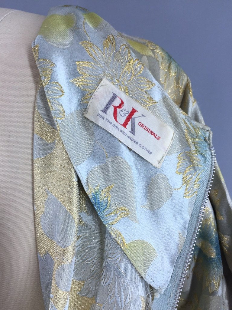 1950s Vintage Blue and Gold Satin Brocade Cocktail Dress - ThisBlueBird