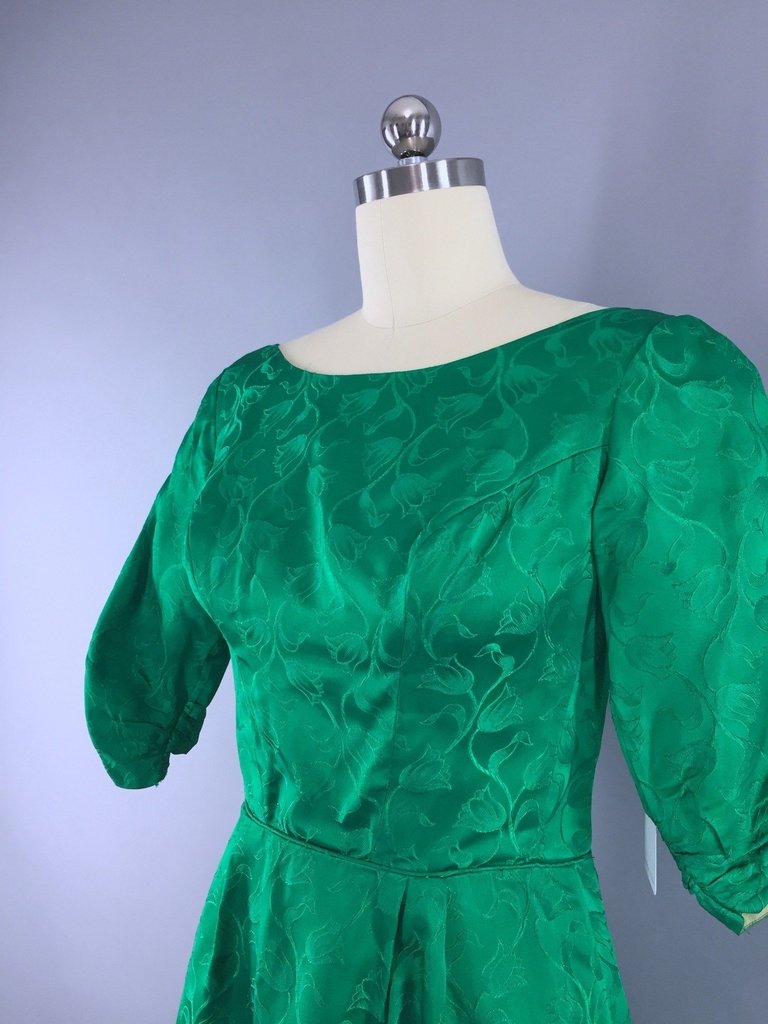 1950s Vintage Emerald Green Satin Damask Cocktail Dress - ThisBlueBird