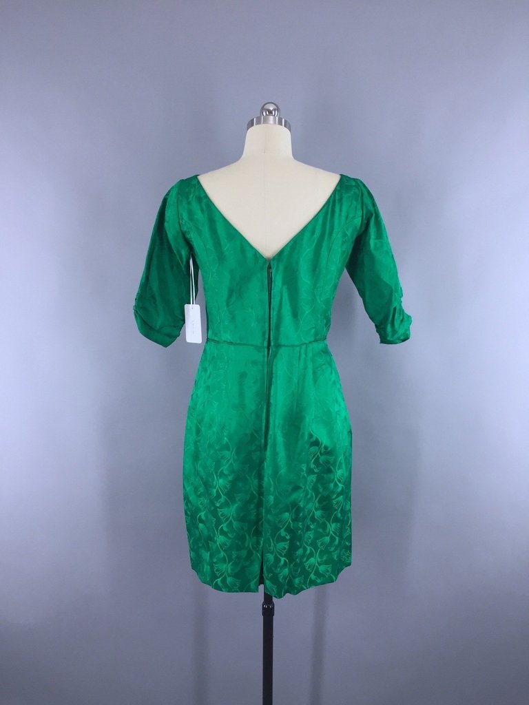 1950s Vintage Emerald Green Satin Damask Cocktail Dress - ThisBlueBird