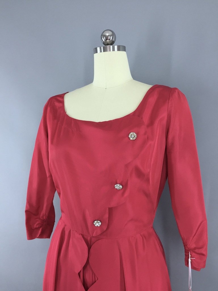 1950s Vintage Raspberry Red Taffeta Cocktail Dress - ThisBlueBird