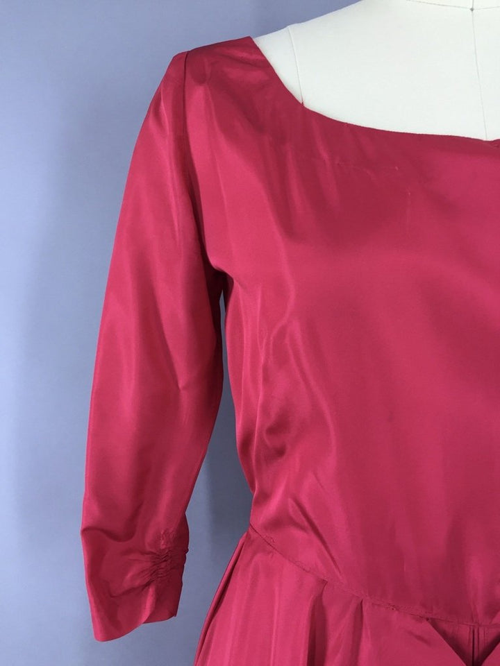 1950s Vintage Raspberry Red Taffeta Cocktail Dress - ThisBlueBird