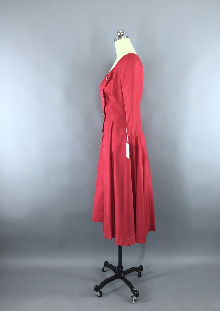 1950s Vintage Raspberry Red Taffeta Cocktail Dress - ThisBlueBird