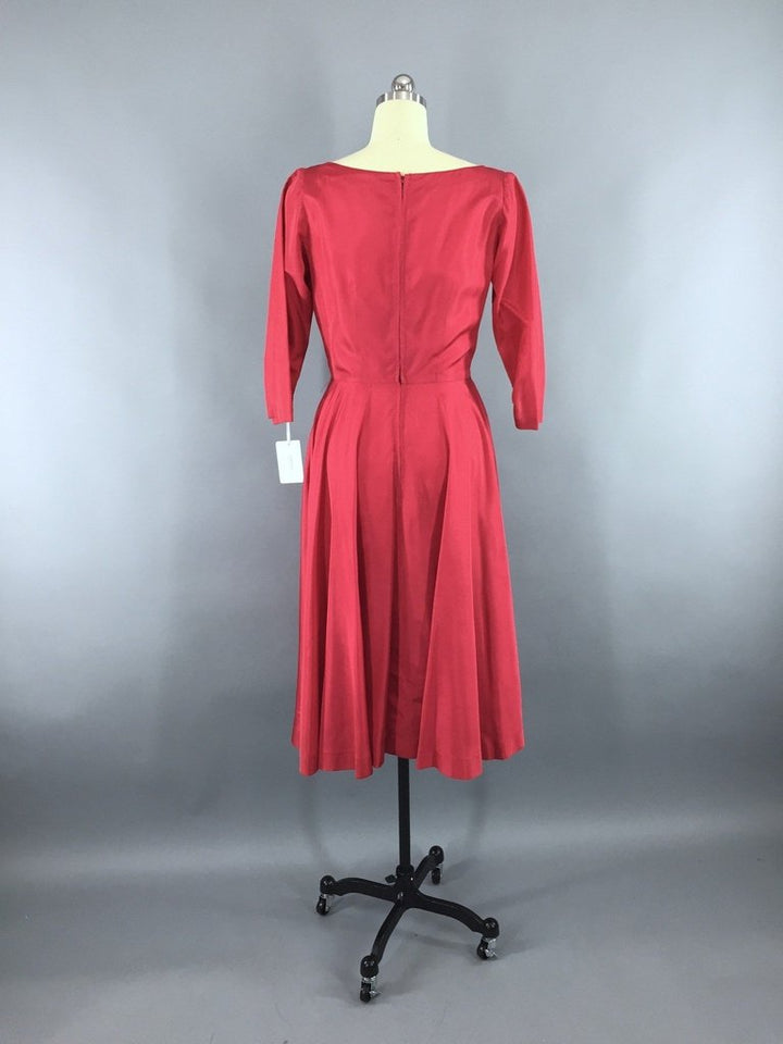 1950s Vintage Raspberry Red Taffeta Cocktail Dress - ThisBlueBird