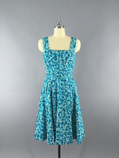 1950s Vintage Blue Floral Print Day Dress and Sweater Set - ThisBlueBird
