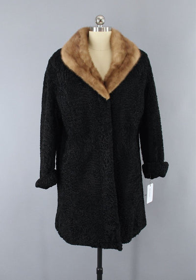 1950s Vintage Curly Lamb Fur Coat with Mink Collar - ThisBlueBird