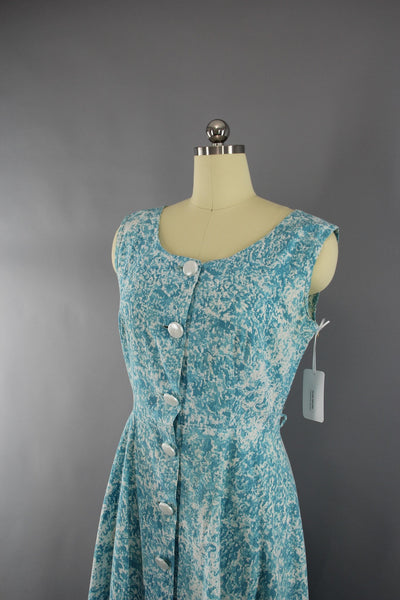 1950s Vintage Day Dress with Blue Abstract Print - ThisBlueBird