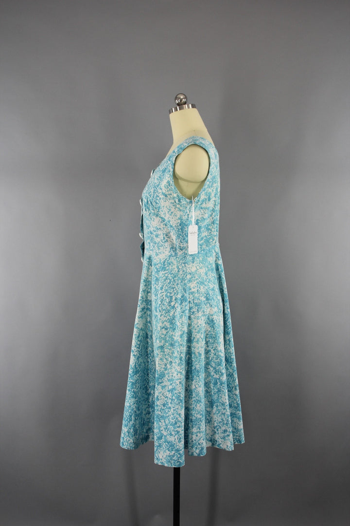 1950s Vintage Day Dress with Blue Abstract Print - ThisBlueBird