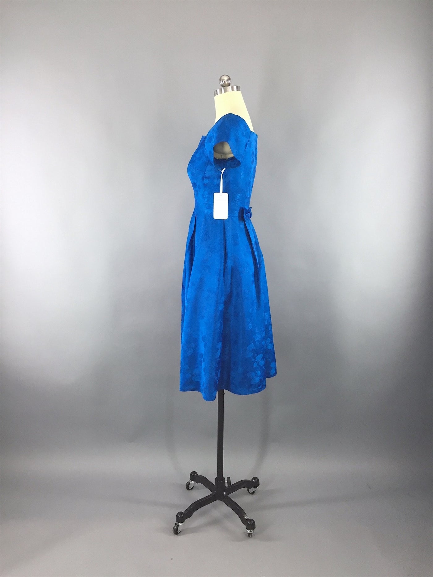 1950s Vintage Electric Blue Satin Damask Party Dress - ThisBlueBird