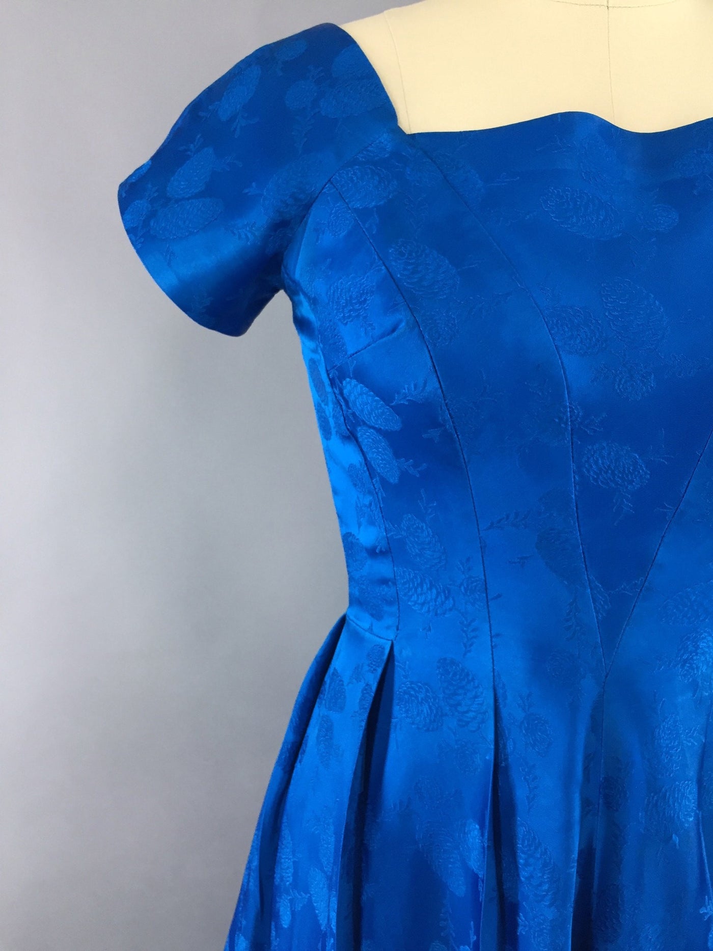 1950s Vintage Electric Blue Satin Damask Party Dress - ThisBlueBird
