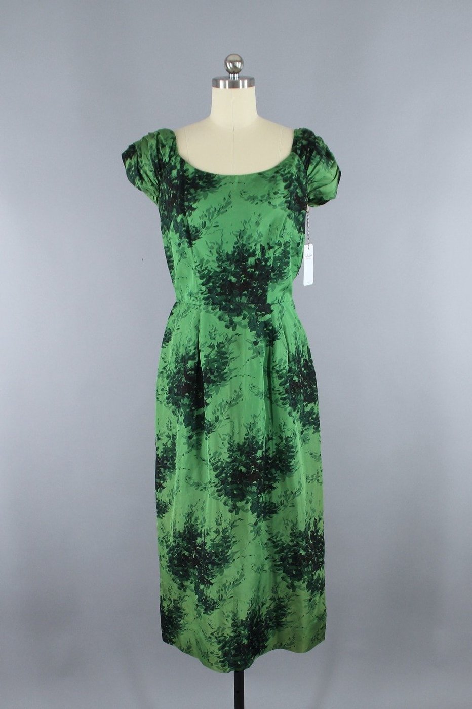 1950s Vintage Green Floral Print Taffeta Dress - ThisBlueBird