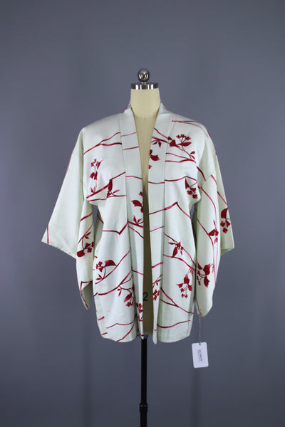 1950s Vintage Haori Kimono Jacket / White Red Floral Watercolor - ThisBlueBird
