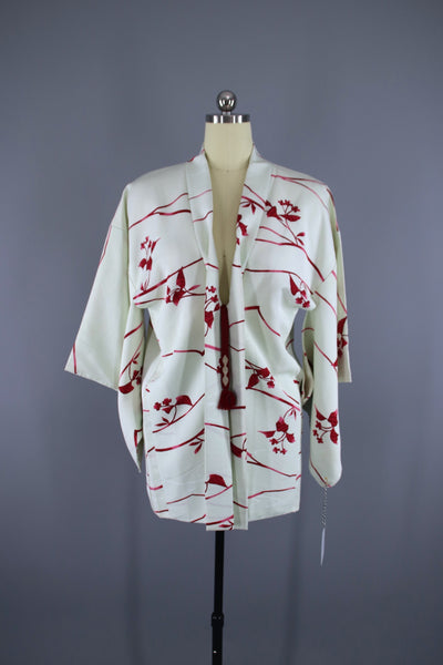 1950s Vintage Haori Kimono Jacket / White Red Floral Watercolor - ThisBlueBird