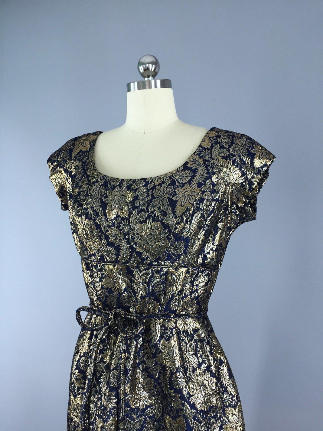 1950s Vintage Harmay Blue and Gold Brocade Party Dress - ThisBlueBird