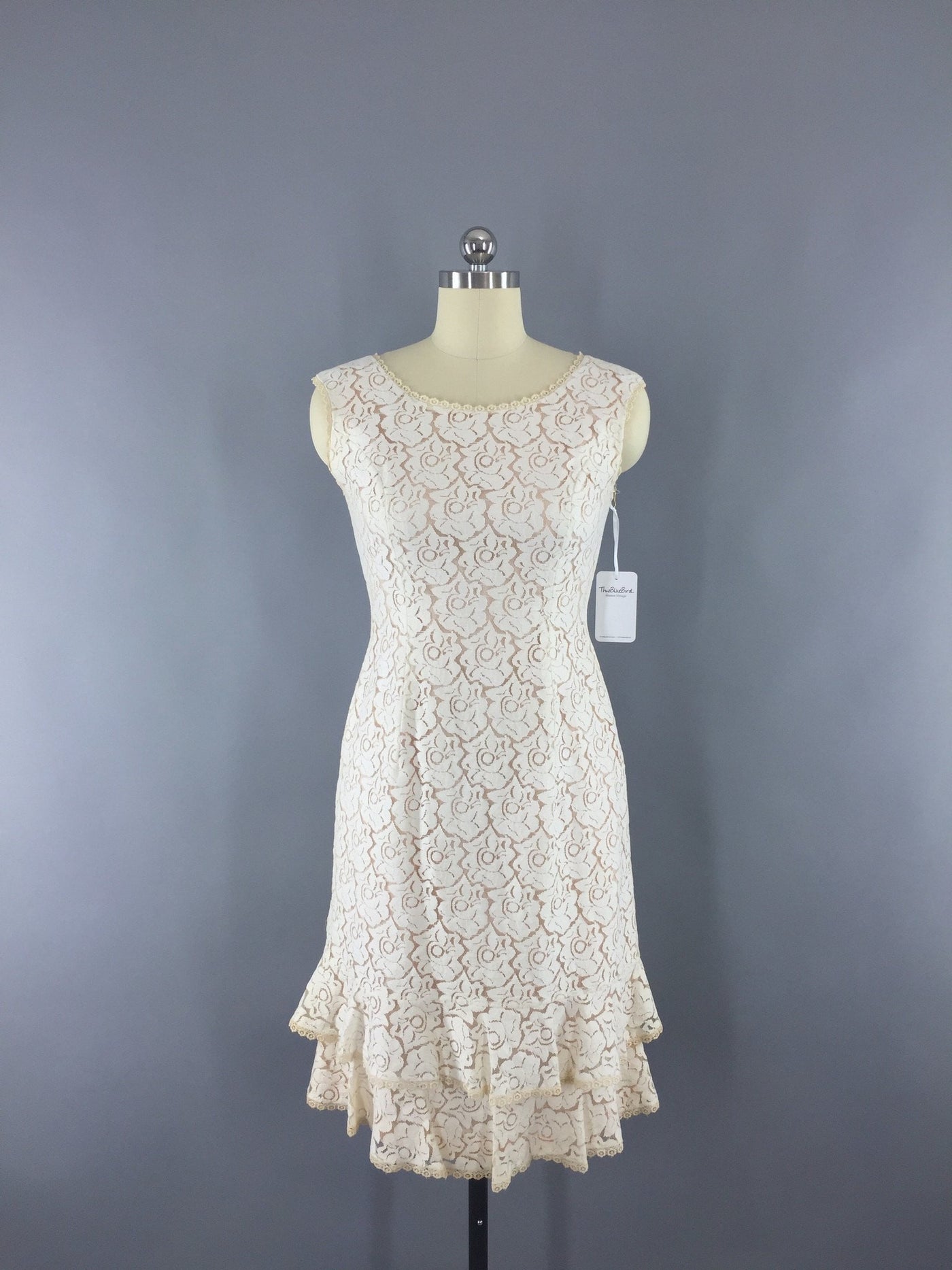 1950s Vintage Ivory Blush Lace Illusion Dress - ThisBlueBird