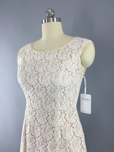1950s Vintage Ivory Blush Lace Illusion Dress - ThisBlueBird