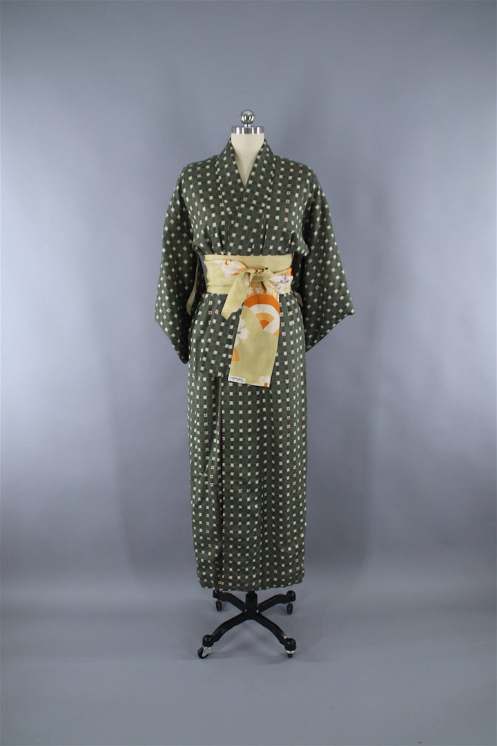 1950s Vintage Kimono Robe / Dark Green Checkered Gingham Rayon Cotton Muslin - ThisBlueBird