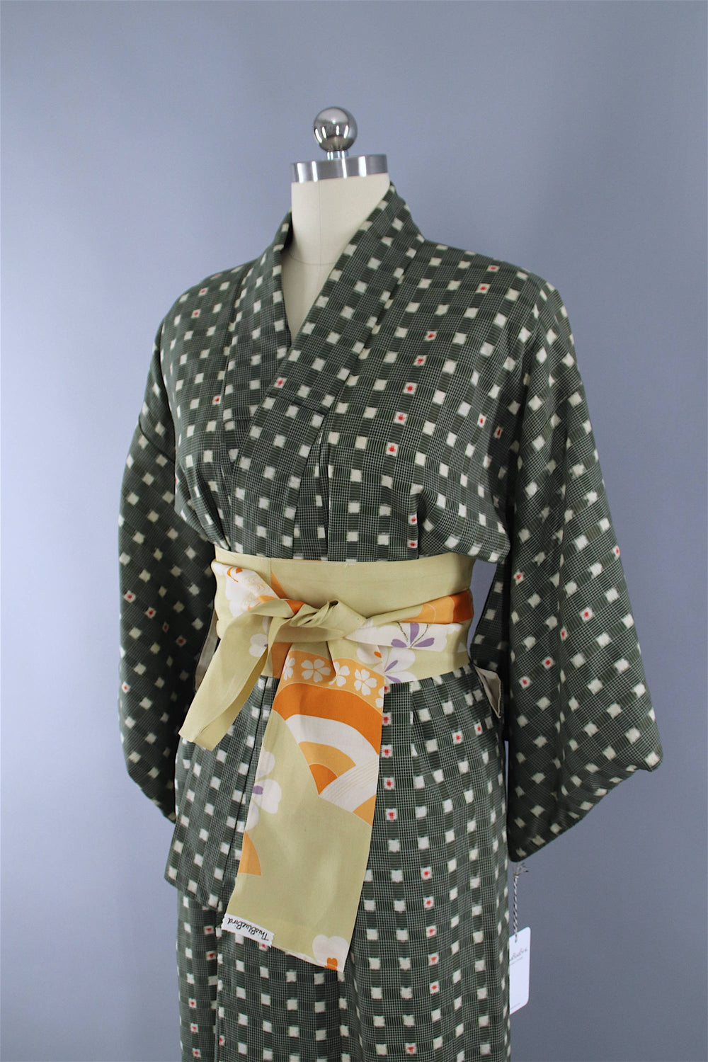 1950s Vintage Kimono Robe / Dark Green Checkered Gingham Rayon Cotton Muslin - ThisBlueBird