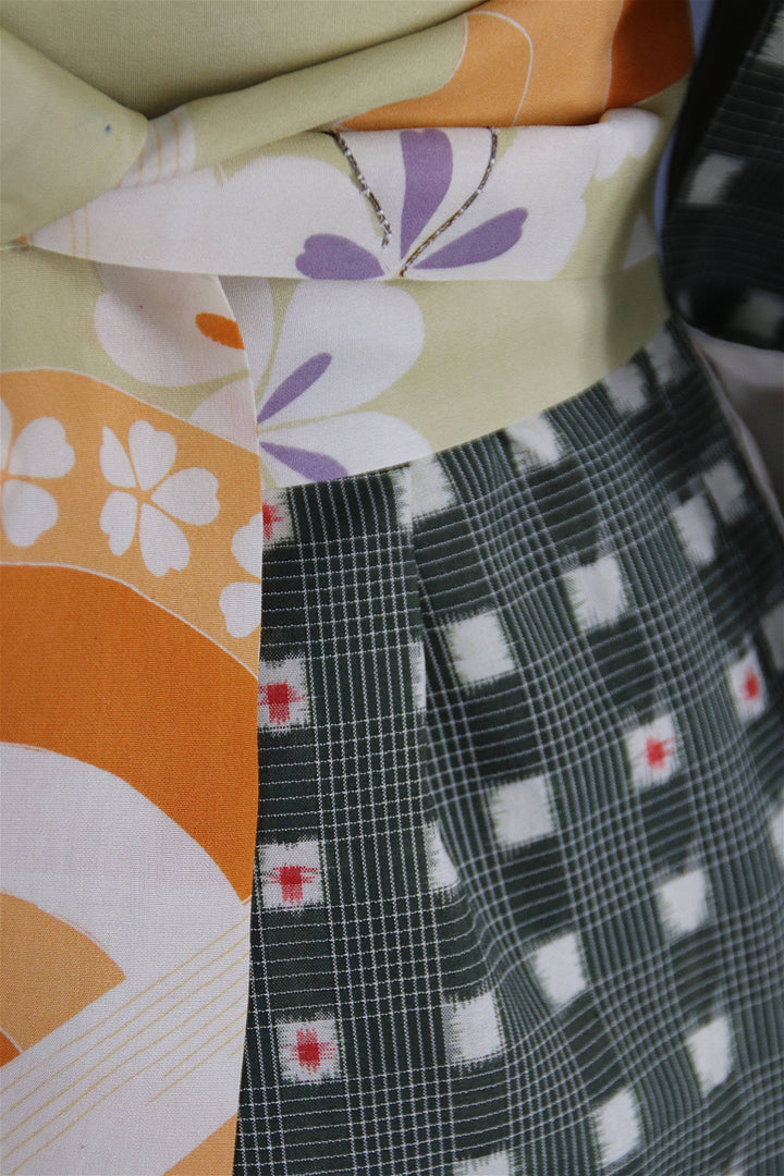 1950s Vintage Kimono Robe / Dark Green Checkered Gingham Rayon Cotton Muslin - ThisBlueBird