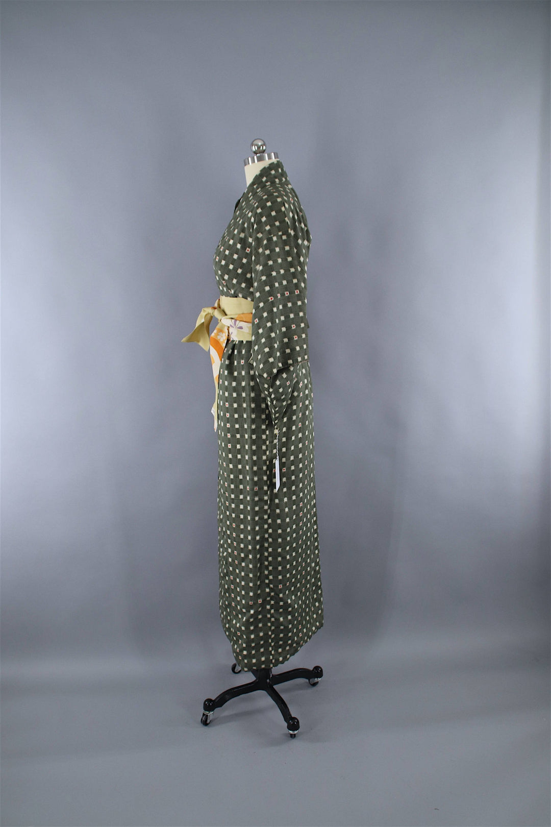 1950s Vintage Kimono Robe / Dark Green Checkered Gingham Rayon Cotton Muslin - ThisBlueBird
