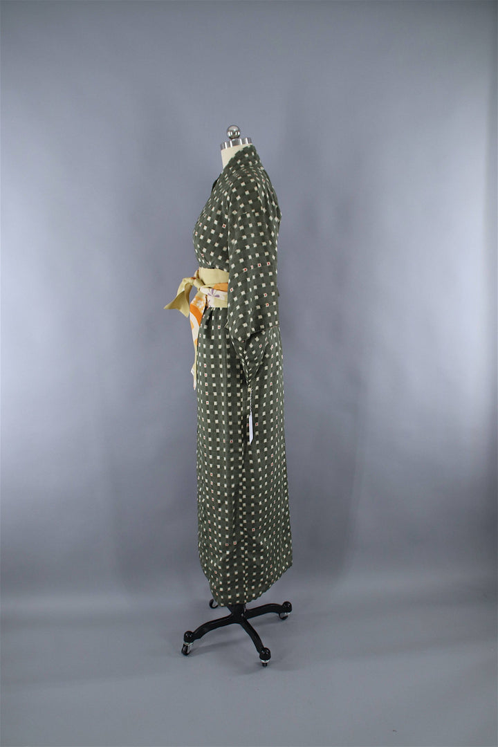 1950s Vintage Kimono Robe / Dark Green Checkered Gingham Rayon Cotton Muslin - ThisBlueBird
