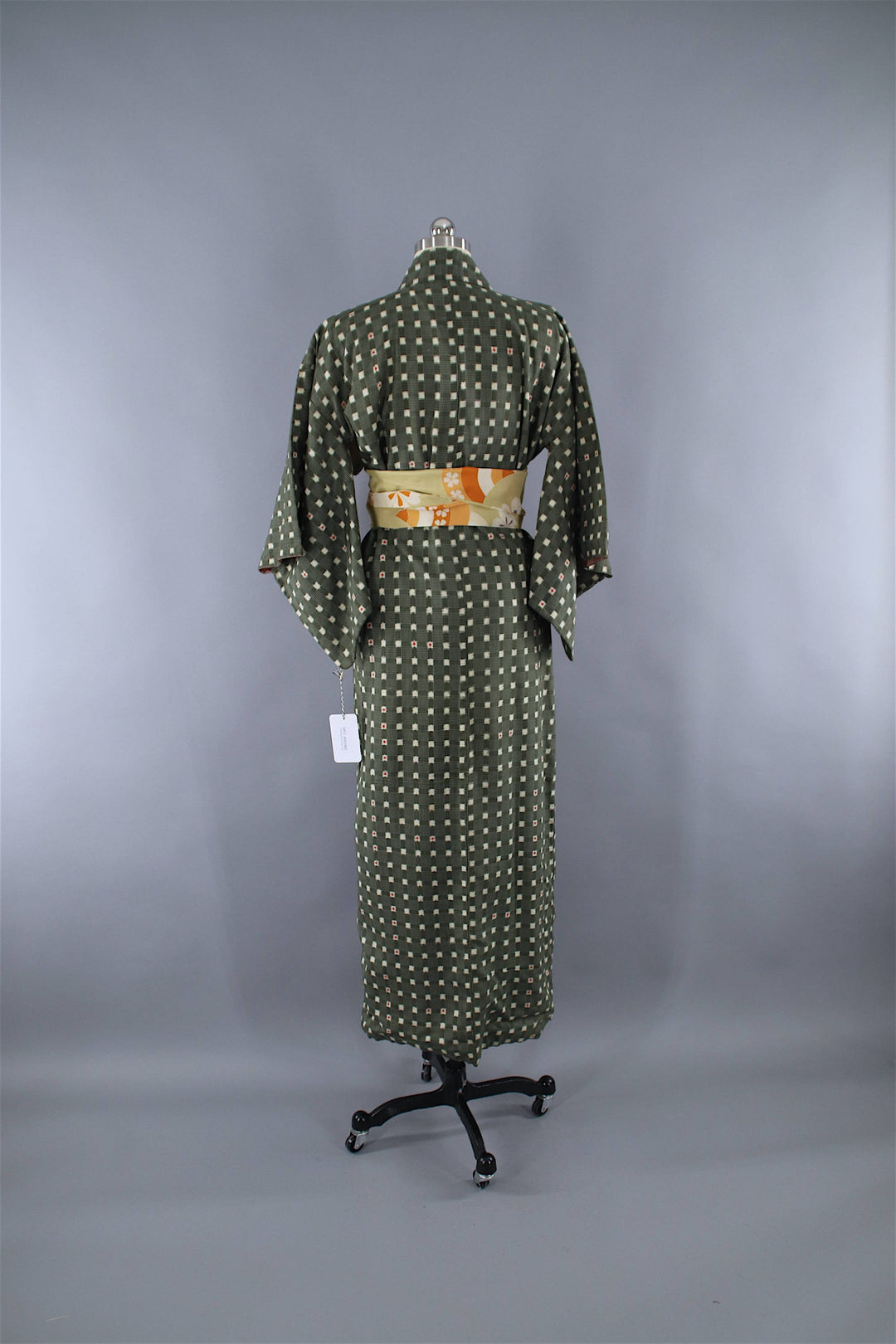 1950s Vintage Kimono Robe / Dark Green Checkered Gingham Rayon Cotton Muslin - ThisBlueBird