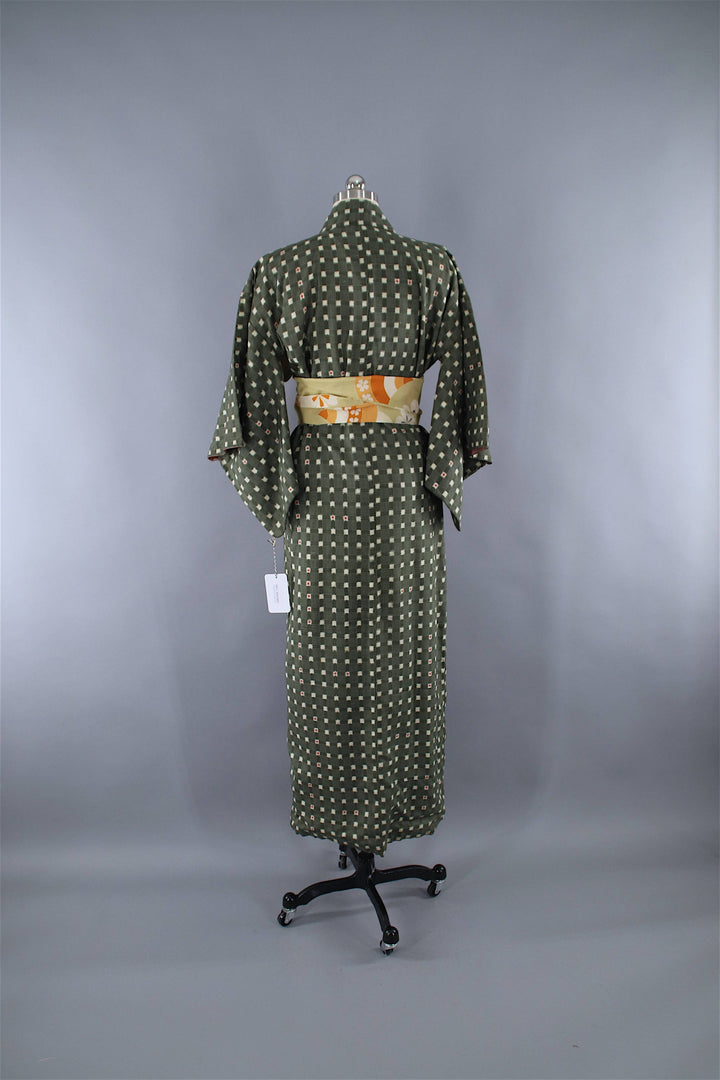 1950s Vintage Kimono Robe / Dark Green Checkered Gingham Rayon Cotton Muslin - ThisBlueBird