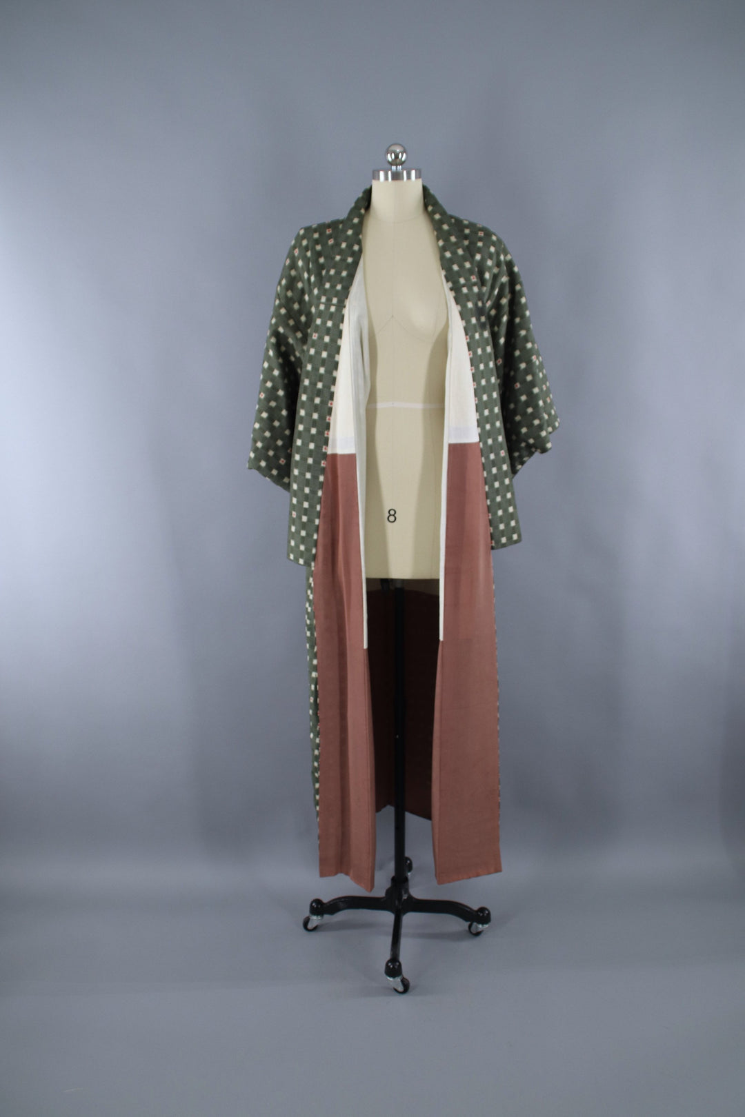 1950s Vintage Kimono Robe / Dark Green Checkered Gingham Rayon Cotton Muslin - ThisBlueBird