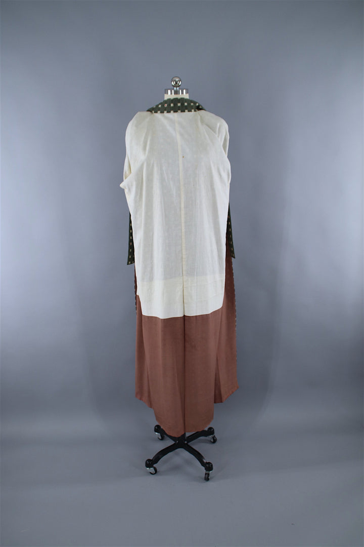 1950s Vintage Kimono Robe / Dark Green Checkered Gingham Rayon Cotton Muslin - ThisBlueBird