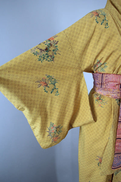 1950s Vintage Kimono Robe in Mustard Yellow Floral Print - ThisBlueBird