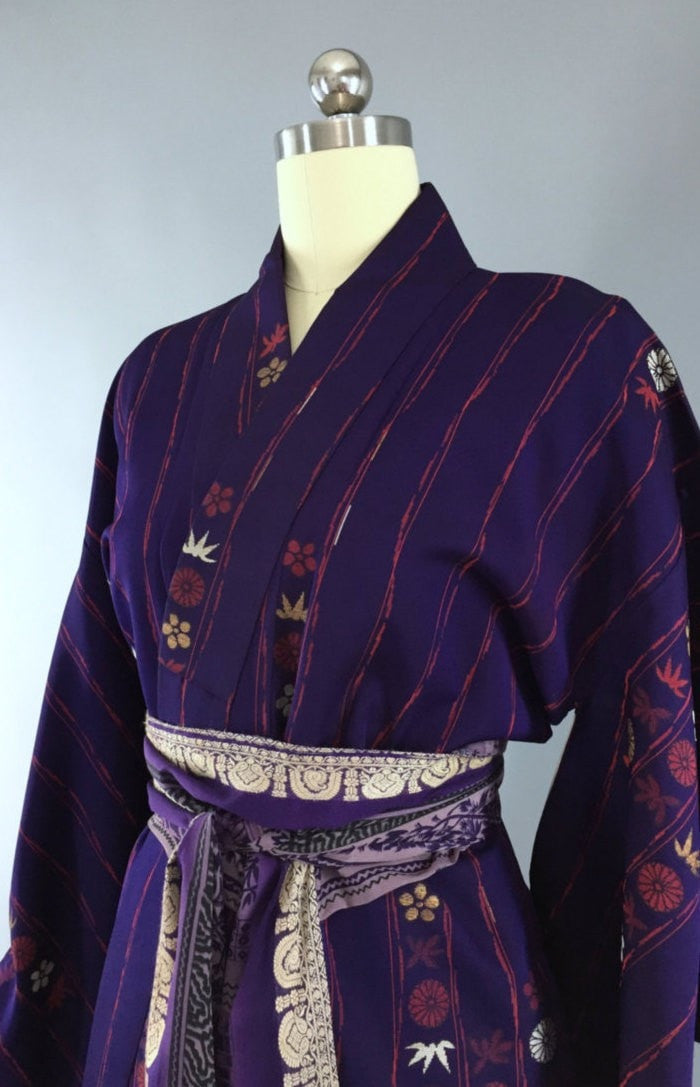 1950s Vintage Kimono Robe in Purple Omeshi Embroidery with Red & Gold Floral - ThisBlueBird
