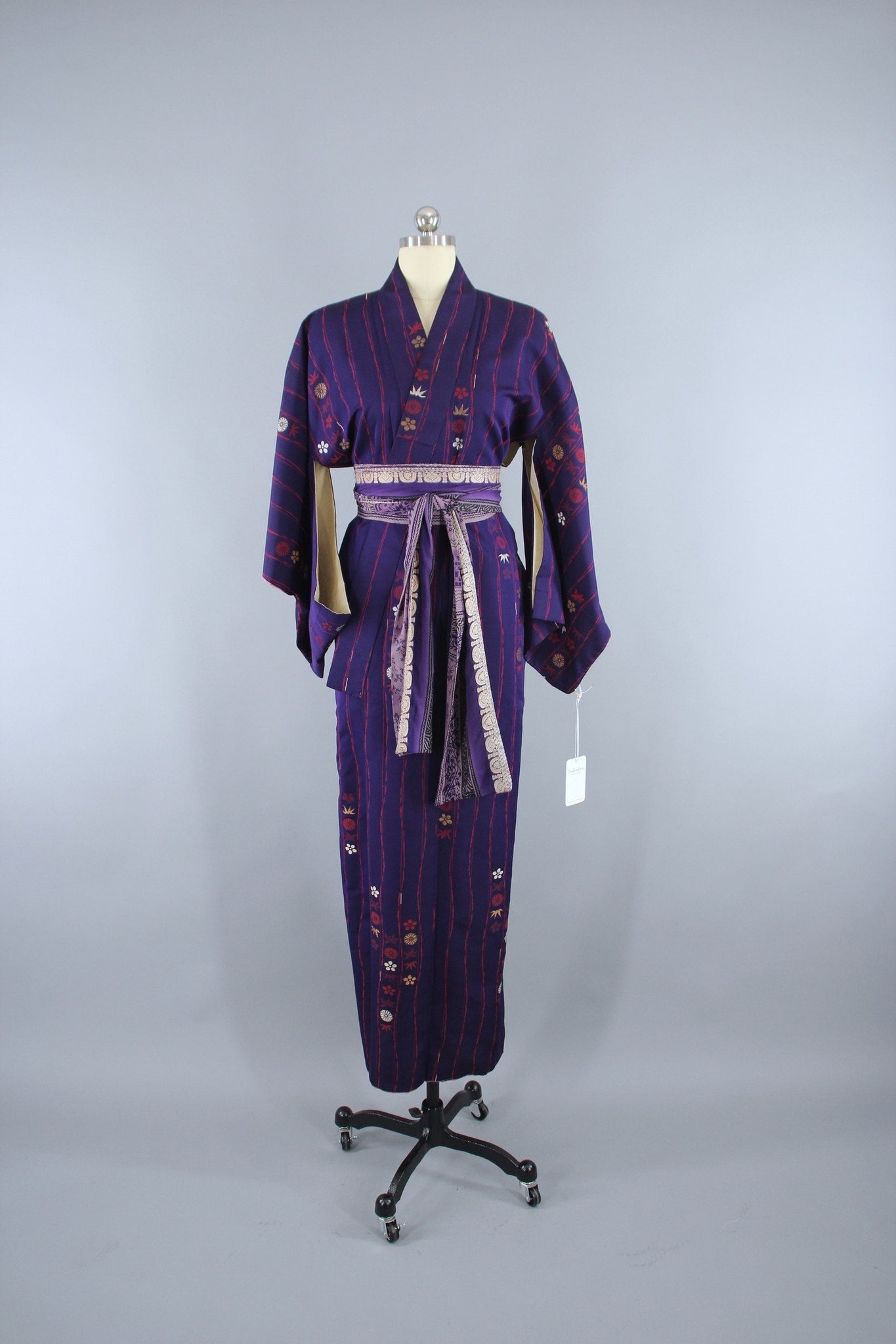 1950s Vintage Kimono Robe in Purple Omeshi Embroidery with Red & Gold Floral - ThisBlueBird