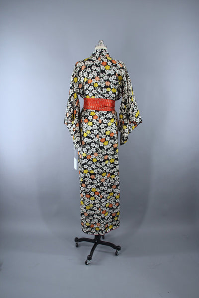 1950s Vintage Kimono Robe with Black & White Cherry Blossom Print - ThisBlueBird