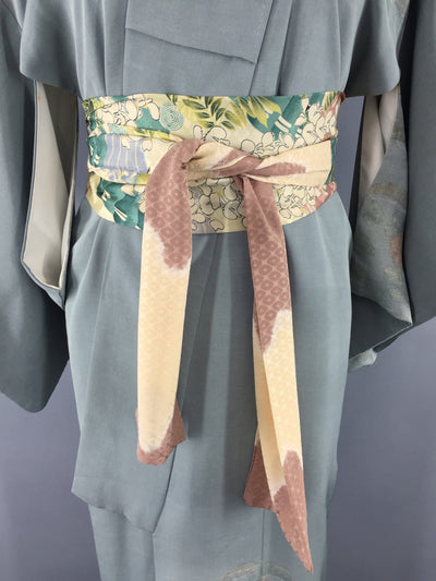 1950s Vintage Kimono Robe with Embroidered Blue-Green Floral Print - ThisBlueBird