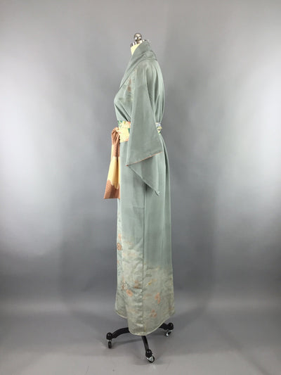 1950s Vintage Kimono Robe with Embroidered Blue-Green Floral Print - ThisBlueBird