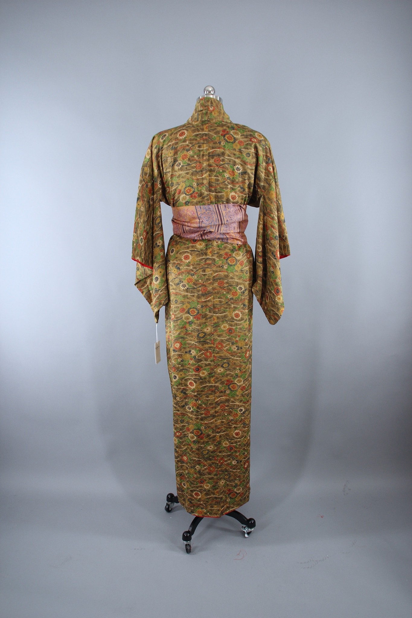 1950s Vintage Kimono Robe with Green & Brown Floral Print - ThisBlueBird