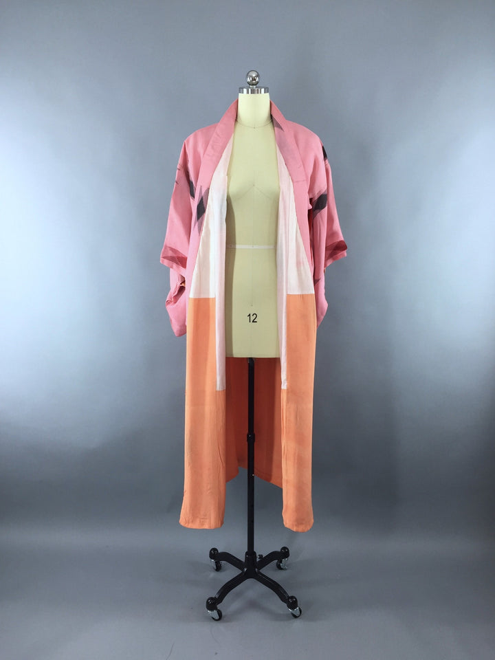 1950s Vintage Kimono Robe with Pink Geometric Ikat Print - ThisBlueBird