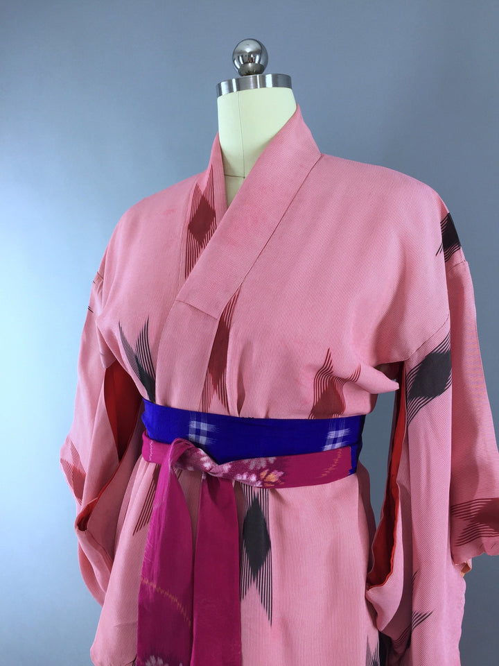 1950s Vintage Kimono Robe with Pink Geometric Ikat Print - ThisBlueBird