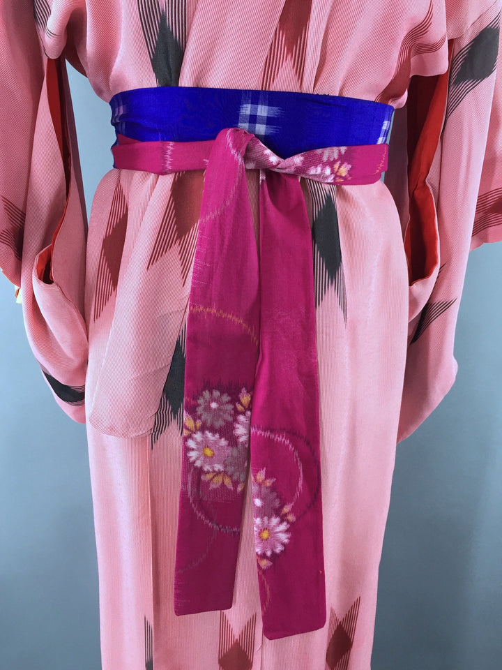 1950s Vintage Kimono Robe with Pink Geometric Ikat Print - ThisBlueBird