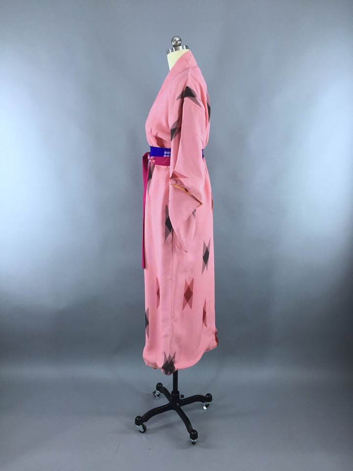 1950s Vintage Kimono Robe with Pink Geometric Ikat Print - ThisBlueBird