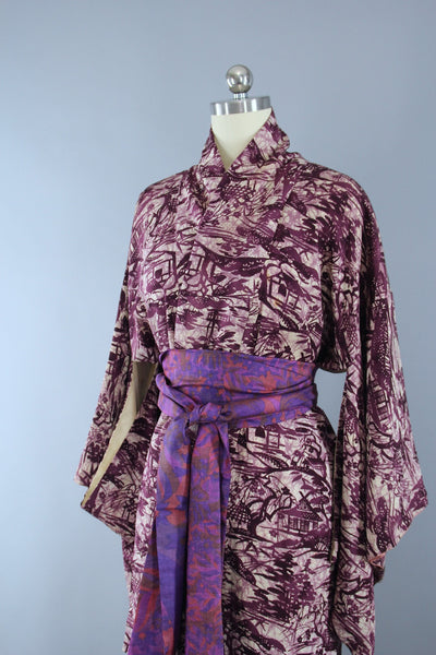 1950s Vintage Kimono Robe with Purple Abstract Print - ThisBlueBird