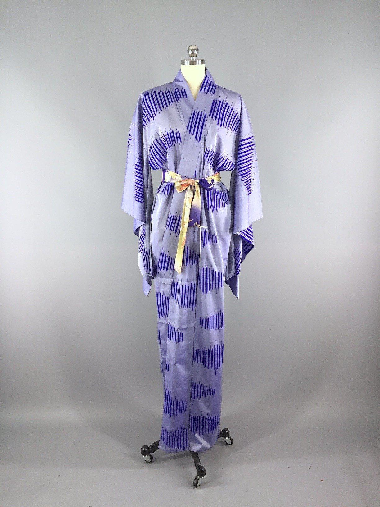1950s Vintage Kimono Robe Yukata / Blue Ikat - ThisBlueBird